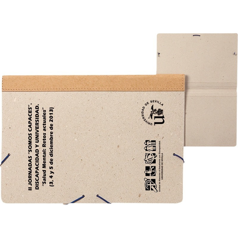 Carpeta gomillas cartón reciclado natural.Lomo en cuero reciclado.