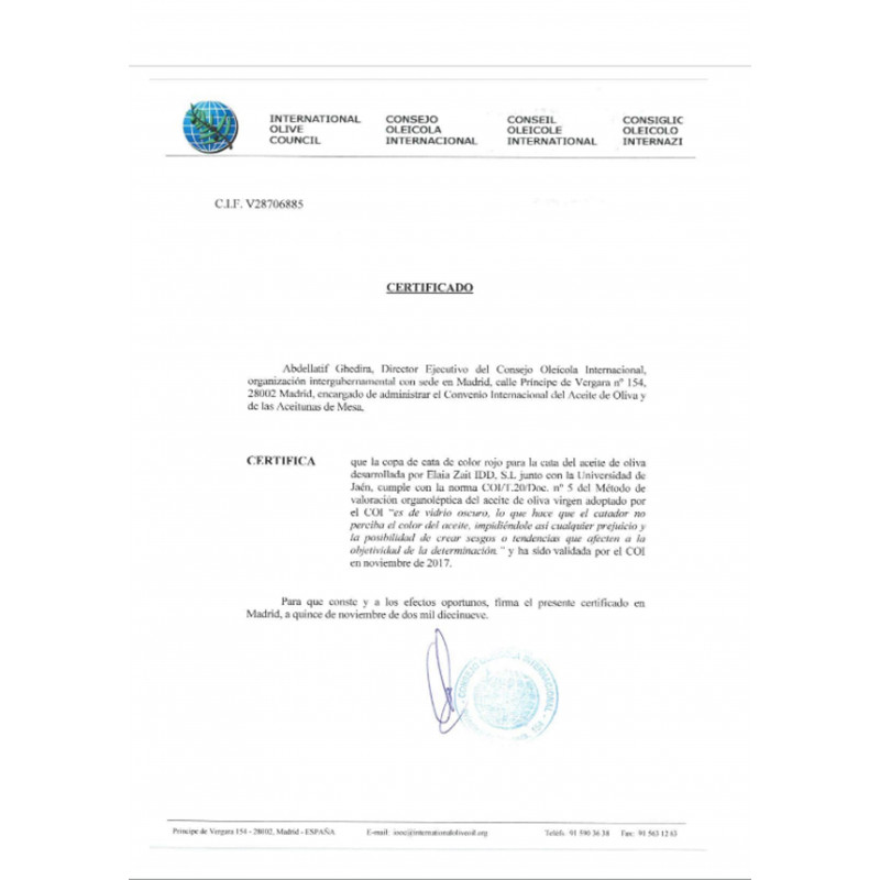 Certificado oficial del Consejo Oleicola Internacional