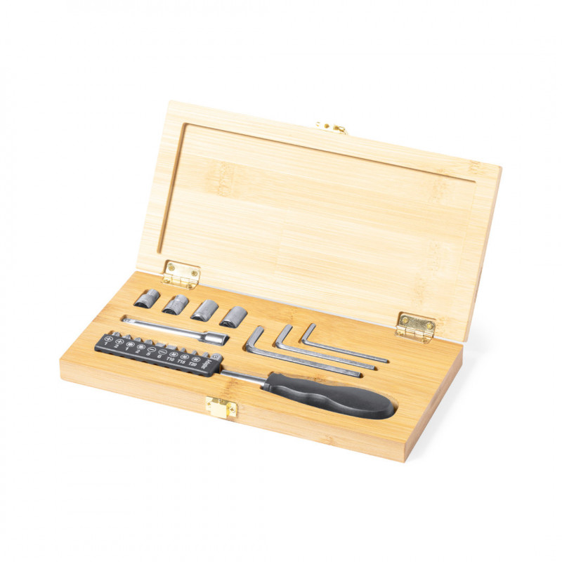set 19 herramientas estuche madera bambu personalizable