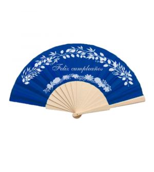Abanico de tela azul con 16 varillas de madera natural personalizado con tu diseño con tinta blanca