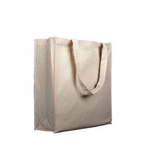 Bolsa publicitaria con fuelle en tejido 100% algodón de 280 grs, extraresistentes,color natural.Tamaño Ancho 37 cm Alto 42 cm Fuelle 13 cm.Asas largas.