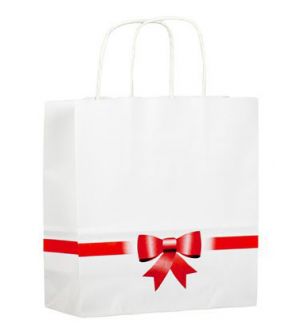 bolsa de papel blanca con adorno lazo rojo personalizable con su logo