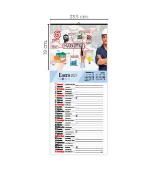 Calendario de pared con cartela publicitaria y faldilla larga con espacio para tomar notas