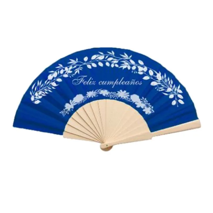 Abanico de tela azul con 16 varillas de madera natural personalizado con tu diseño con tinta blanca