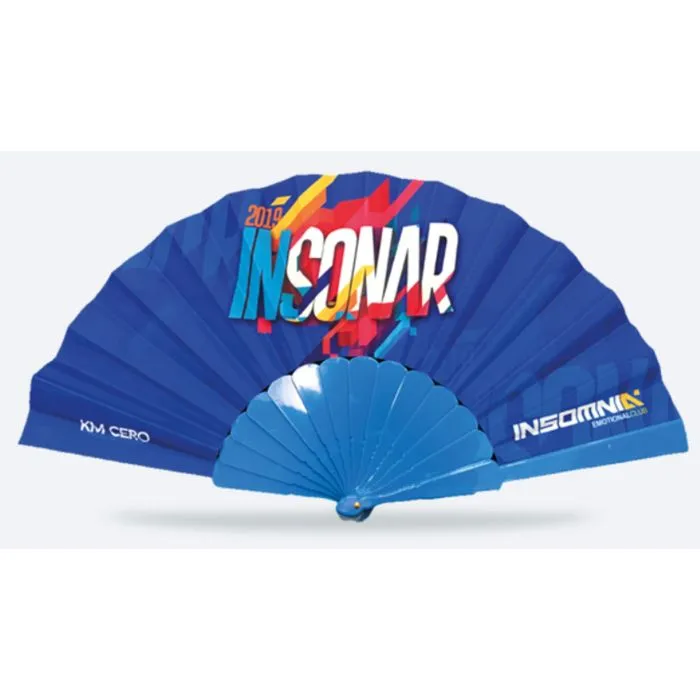 Abanico tela varillas de plástico azul personalización total