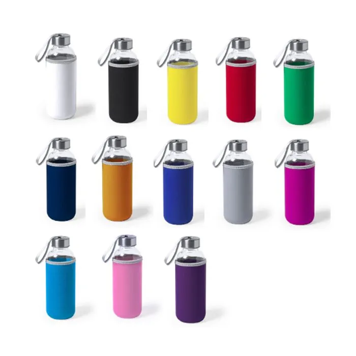 bidón de cristal con funda de neopreno de vivos colores personalizable 