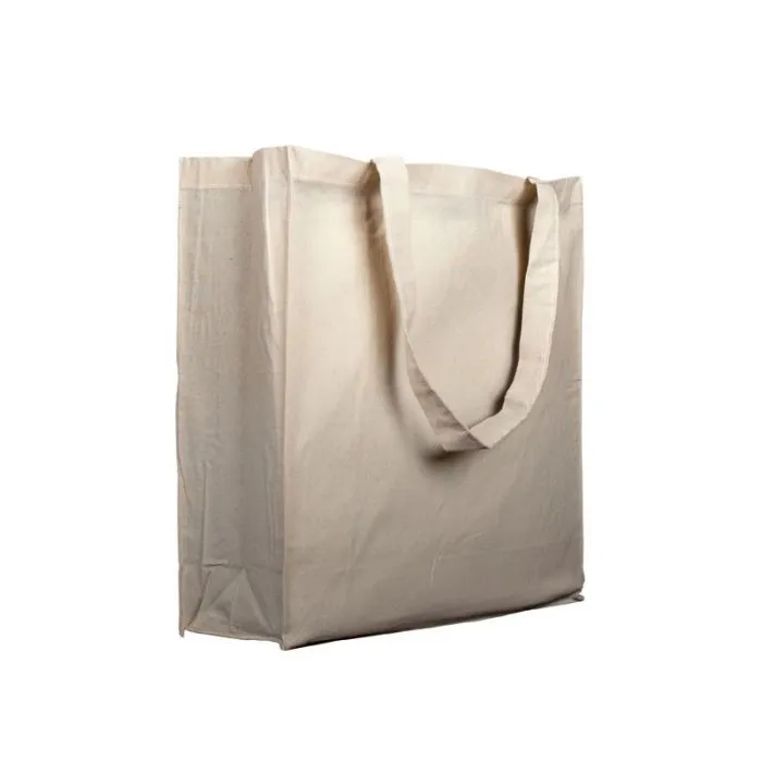 Bolsa publicitaria con fuelle en tejido 100% algodón de 280 grs, extraresistentes,color natural.Tamaño Ancho 37 cm Alto 42 cm Fuelle 13 cm.Asas largas.