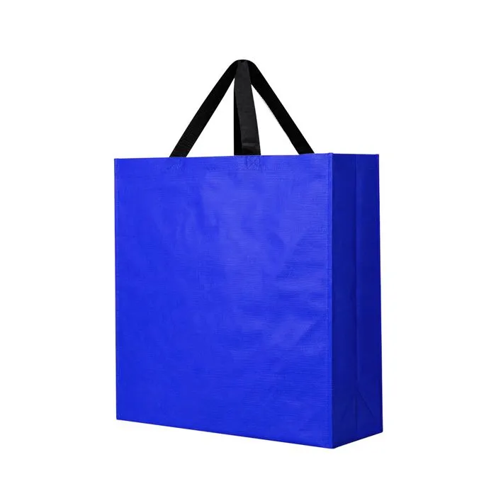 bolsa de rafia para supermercados tamaño grande 50x50x19 cm con asas negras personalizable con su publicidad.
