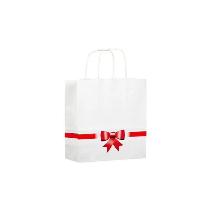 bolsa de papel blanca con adorno lazo rojo personalizable con su logo