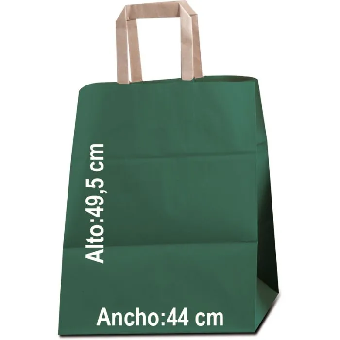 Bolsa de papel para comercios en formato 49,5 de alto x 44 cm de ancho con fondo de color y asas planas