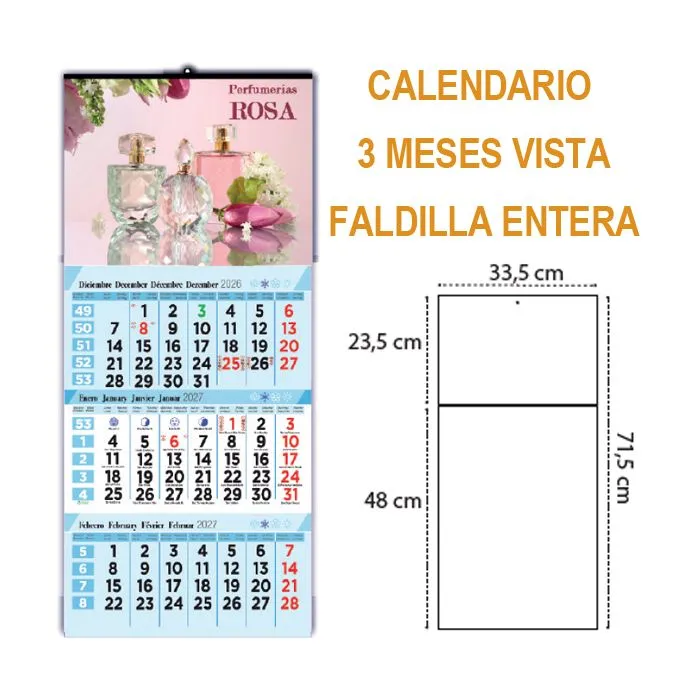 Calendario de pared 3 meses vista personalizado con faldilla entera cada hoja con 3 meses consecutivos