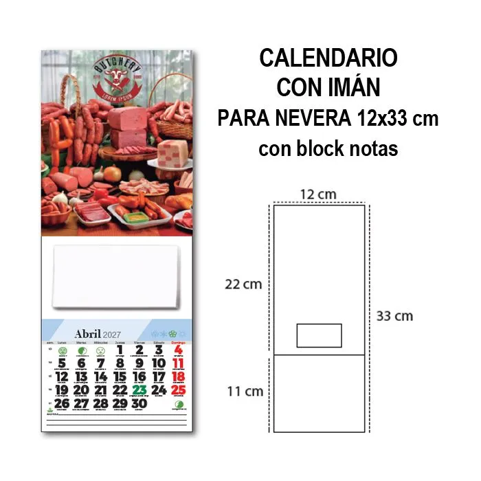 Calendario con imán para nevera 12x33 cm con block de notas 