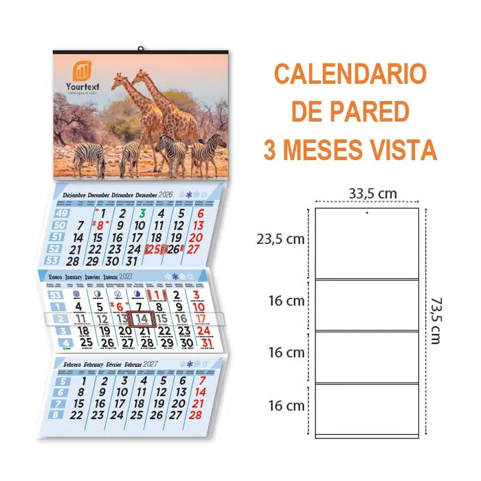 Calendario de pared 3 meses vista personalizado