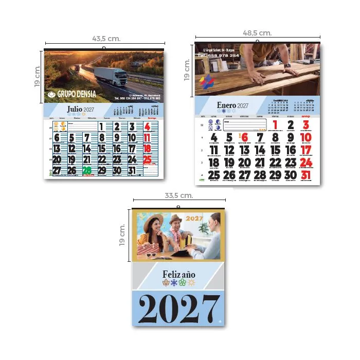 Calendario de pared cartela 19 cm de alta y diferentes anchos faldilla mensual