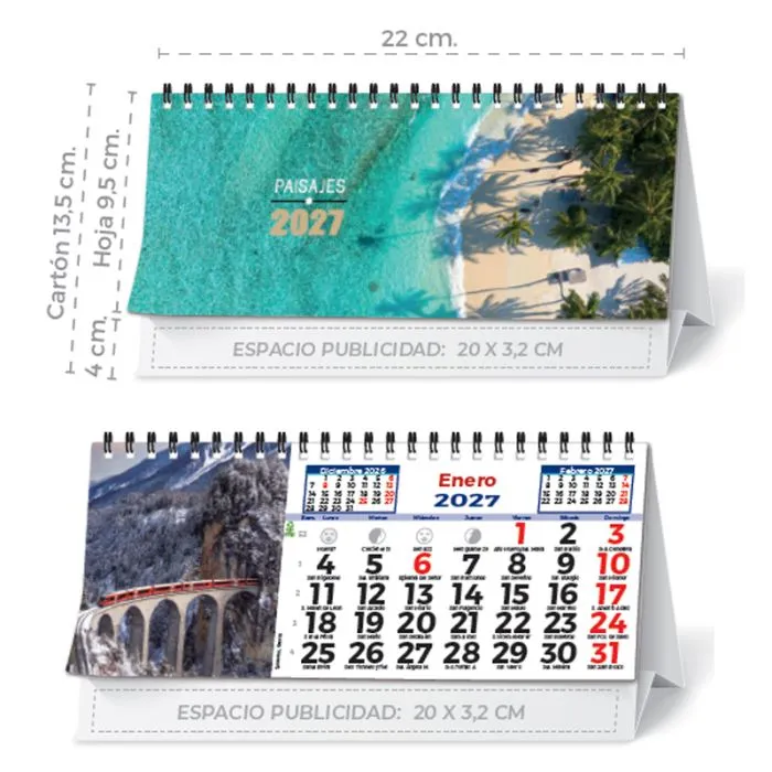 Calendario de sobremesa con imágenes estándar y publicidad en el cartón.