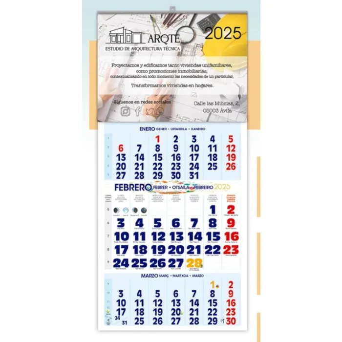 Calendario de pared publicidad con faldilla 3 meses vista