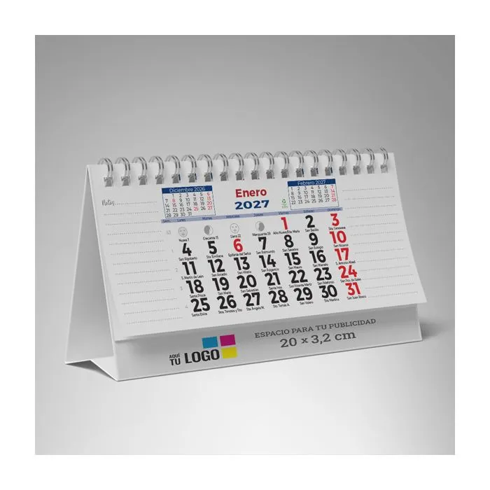 Calendario sobremesa mensual con espacio para tomar notas en todas las hojas y su publicidad en la base