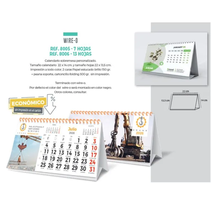 calendario de sobremesa con su publicidad en las 13 hojas