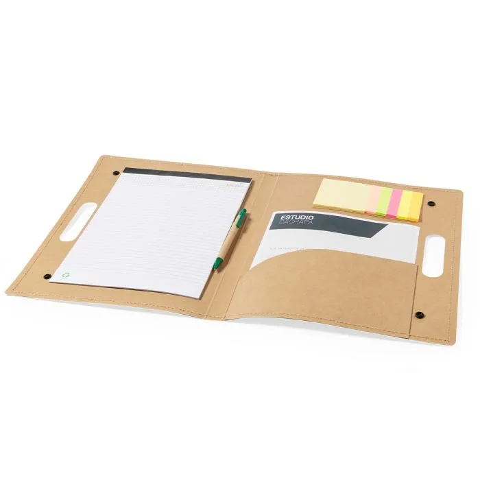 Carpeta cartón reciclado con asas y cierre clics bolsillo cuaderno y taco post it