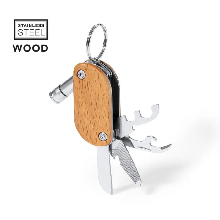 Llavero multifunción acero y madera personalizable con tu logo