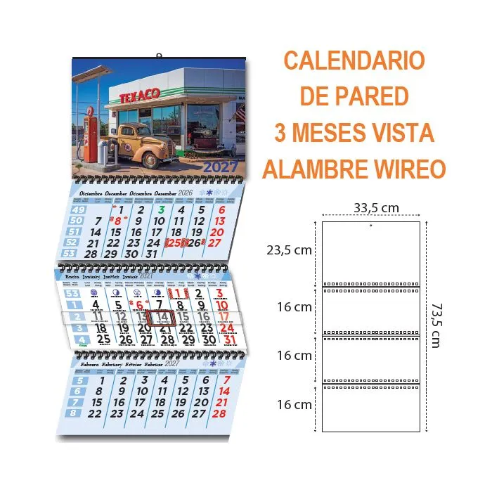 Calendario de pared 3 meses vista faldillas unidas con alambre wireo
