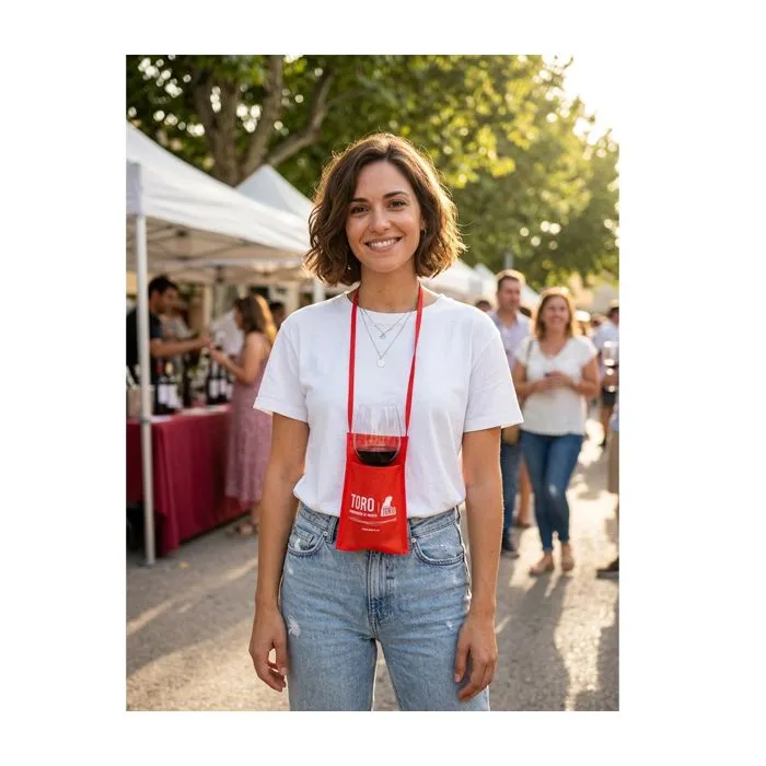 Porta copas al cuello para catas de vino y eventos de pie.
