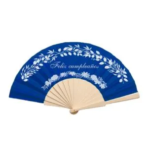 Abanico de tela azul con 16 varillas de madera natural personalizado con tu diseño con tinta blanca