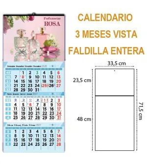 Calendario de pared 3 meses vista personalizado con faldilla entera cada hoja con 3 meses consecutivos