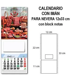 Calendario con imán para nevera 12x33 cm con block de notas