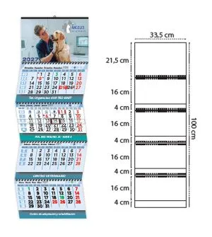 Calendario de pared personalizado 4 meses vista faldillas encuadernadas con alambre wire-o 33x100 cm