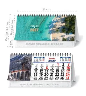 Calendario de sobremesa con imágenes estándar y publicidad en el cartón.