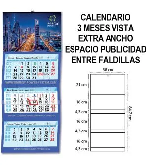 Calendario de pared 3 meses vista extra ancho espacio publicidad entre faldillas 4 cm