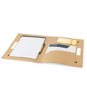 Carpeta cartón reciclado con asas y cierre clics bolsillo cuaderno y taco post it