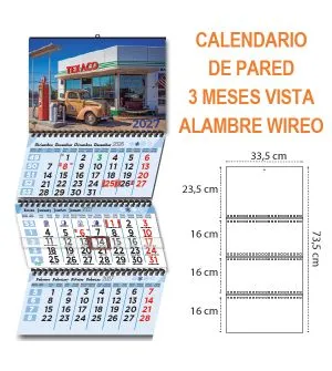 Calendario de pared 3 meses vista faldillas unidas con alambre wireo