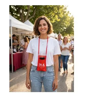 Porta copas al cuello para catas de vino y eventos de pie.