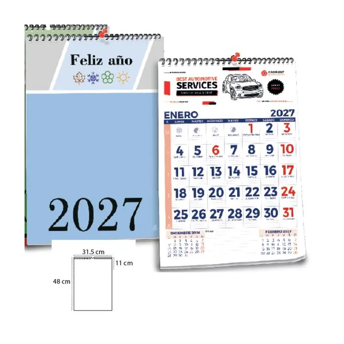 Calendario de pared gran formato 31,5 x 48 cm. personalizado 2 tintas