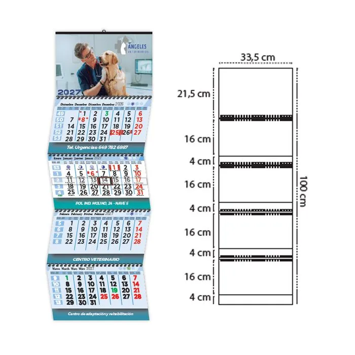 Calendario de pared personalizado 4 meses vista faldillas encuadernadas con alambre wire-o 33x100 cm
