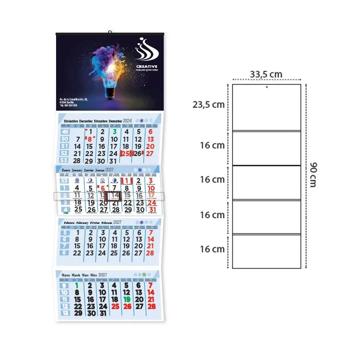 Calendario de pared 4 meses a la vista 33x90 cm personalizado con su publicidad