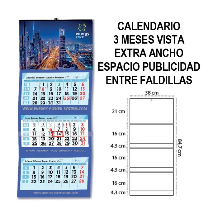 Calendario de pared 3 meses vista extra ancho espacio publicidad entre faldillas 4 cm